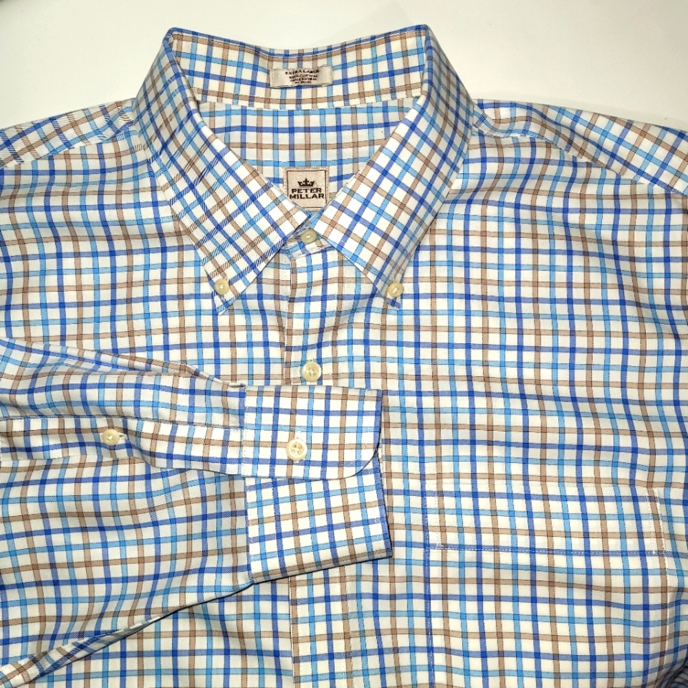 PETER MILLAR Collection Mens XL Cotton Blue Plaid Long Sleeve Button Down Shirt